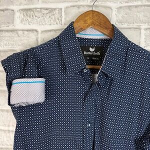Buttercloth Mens Slim Fit Navy Blue White Geometric Triangle Button Down Shirt M